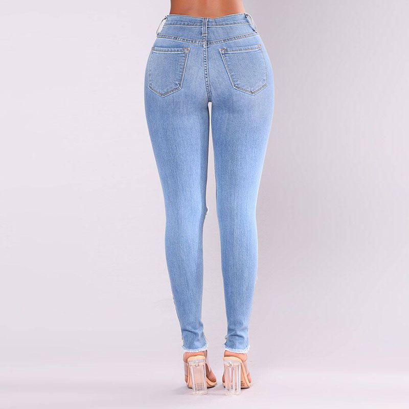 S-3XL Women Raw Hem Ripped Denim Pants