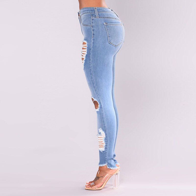 S-3XL Women Raw Hem Ripped Denim Pants