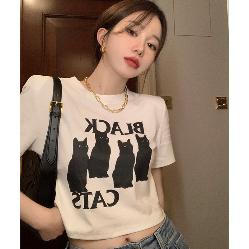 Women Casual Round Collar Cat Printed Cropped T-Shirt