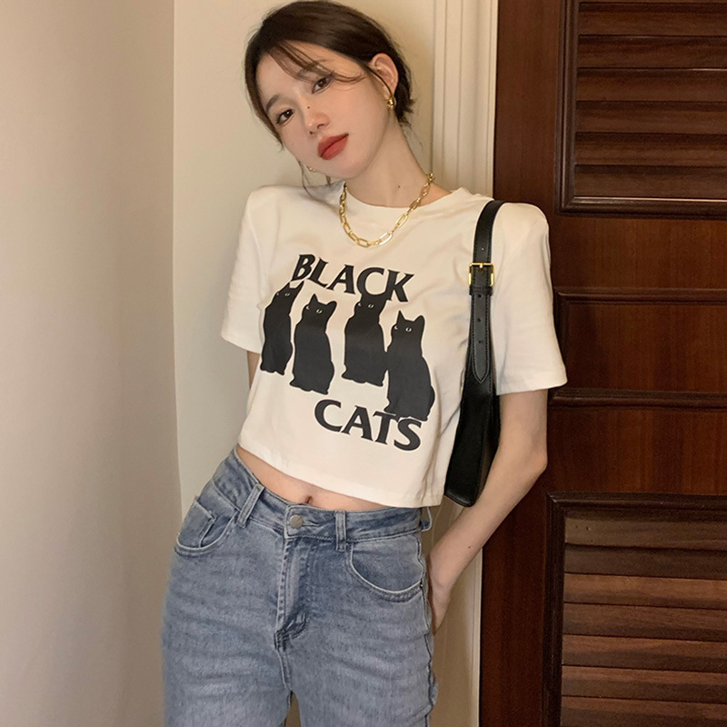 Women Casual Round Collar Cat Printed Cropped T-Shirt