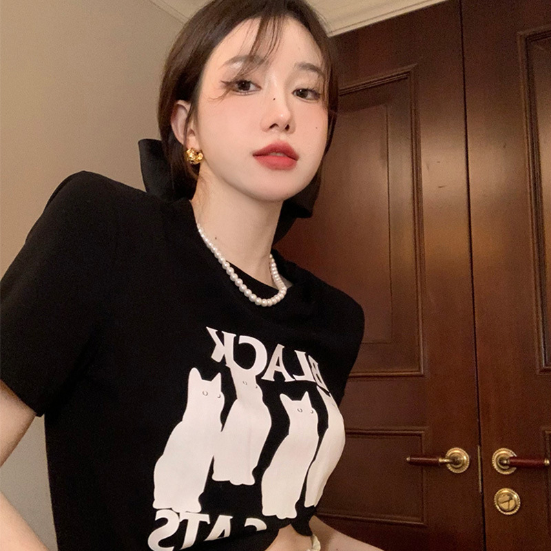 Women Casual Round Collar Cat Printed Cropped T-Shirt