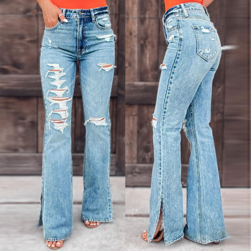 Women High Waist Casual Ripped Slit Straight Jeans