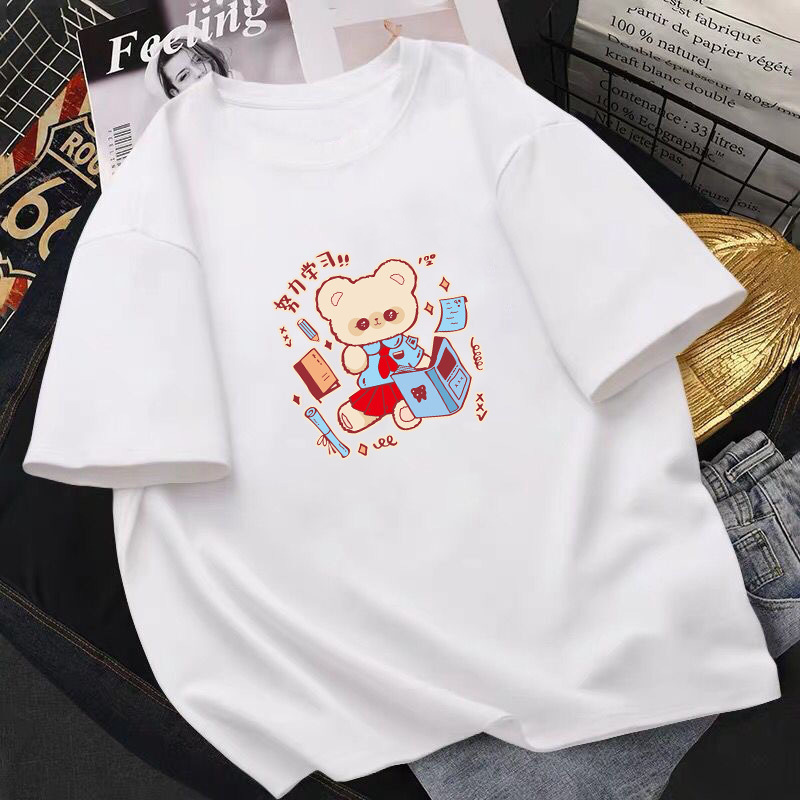 Women Fashion Cartoon Bear Squirrel Print Round Neck Short Sleeve T-Shirt