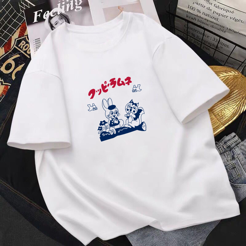 Women Fashion Cartoon Bear Squirrel Print Round Neck Short Sleeve T-Shirt