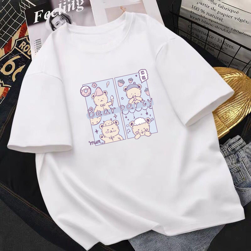 Women Fashion Cartoon Bear Squirrel Print Round Ne...