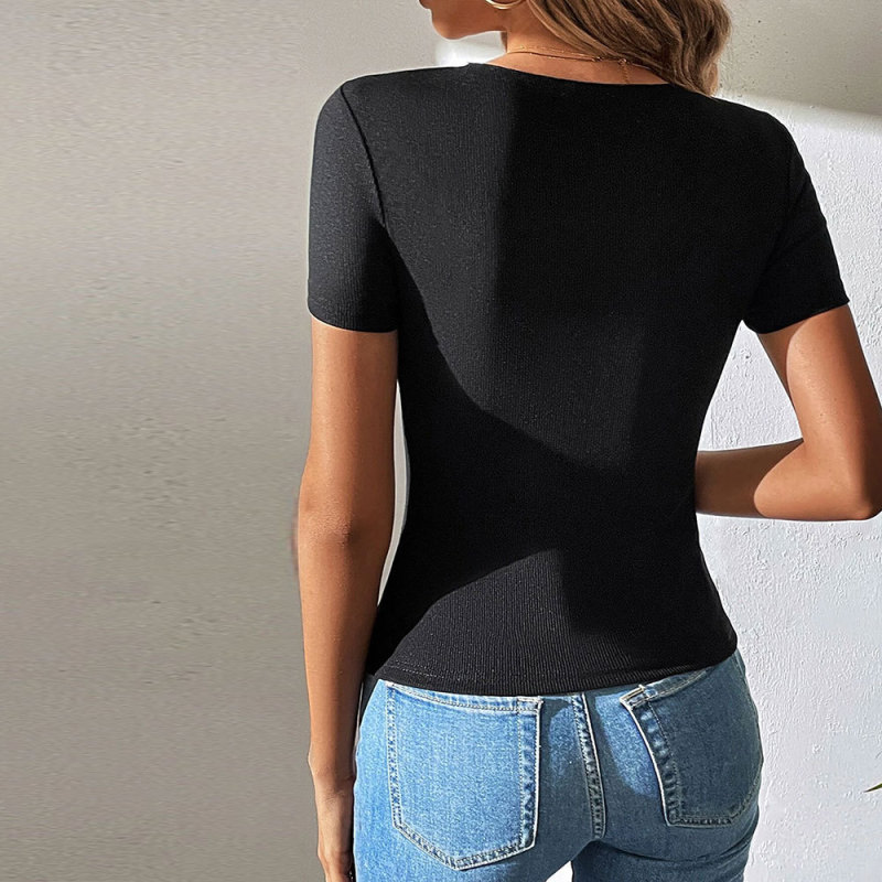 Women Fashion Basic Solid Color Low Cut Bandage Short Sleeve T-Shirt