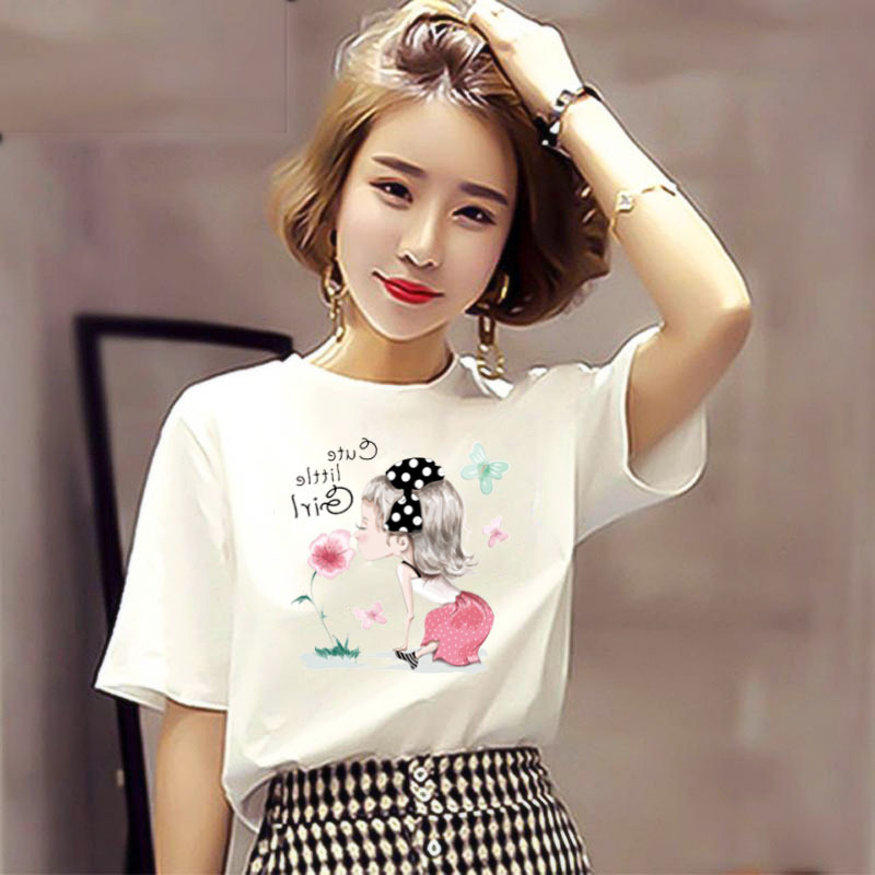 Women'S Fashion Cartoon Letter Print Round Neck Short Sleeve T-Shirt