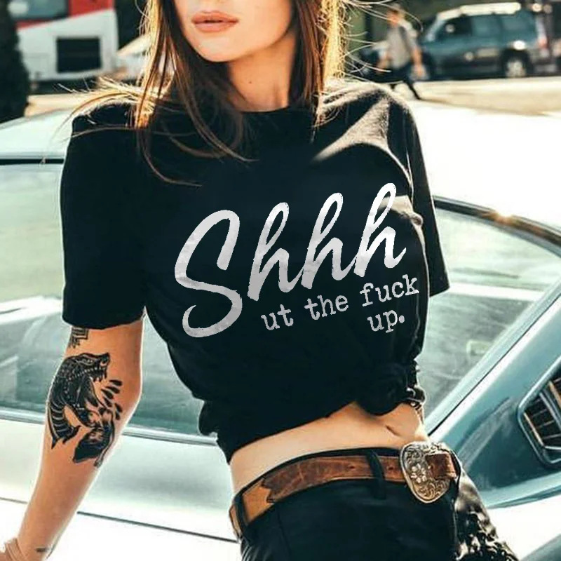 Women Fashion Simple Letter Slogan Print Round Neck Short Sleeve T-Shirt