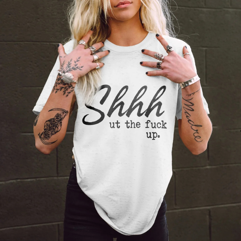 Women Fashion Simple Letter Slogan Print Round Neck Short Sleeve T-Shirt