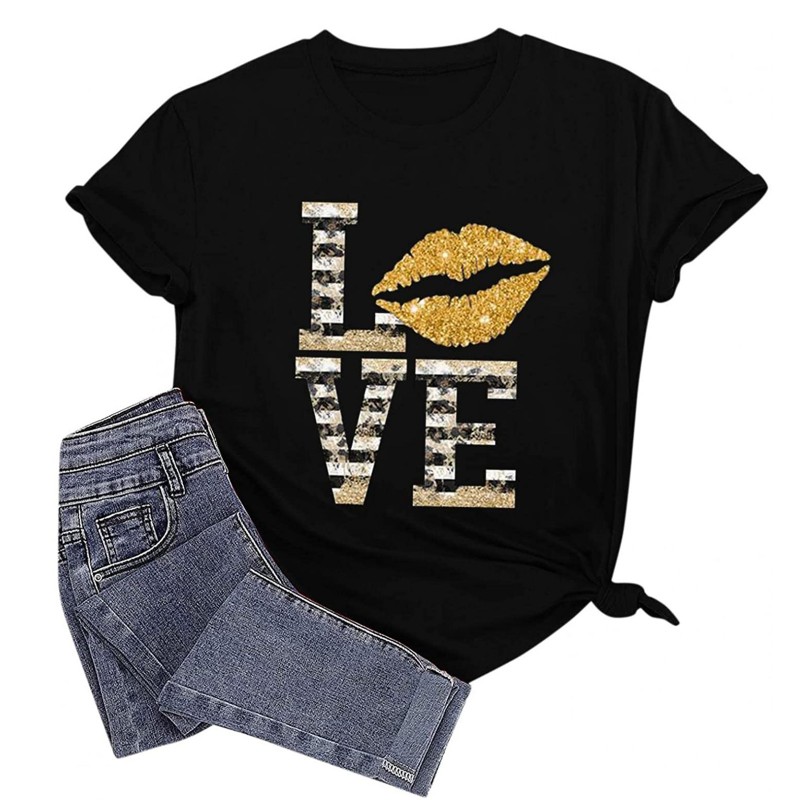 Women Fashion Lip LOVE Letter Print Round Neck Short Sleeve T-Shirt