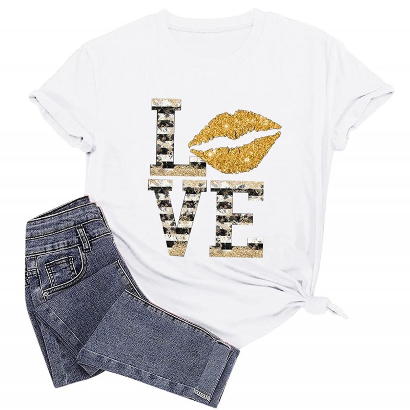 Women Fashion Lip LOVE Letter Print Round Neck Short Sleeve T-Shirt