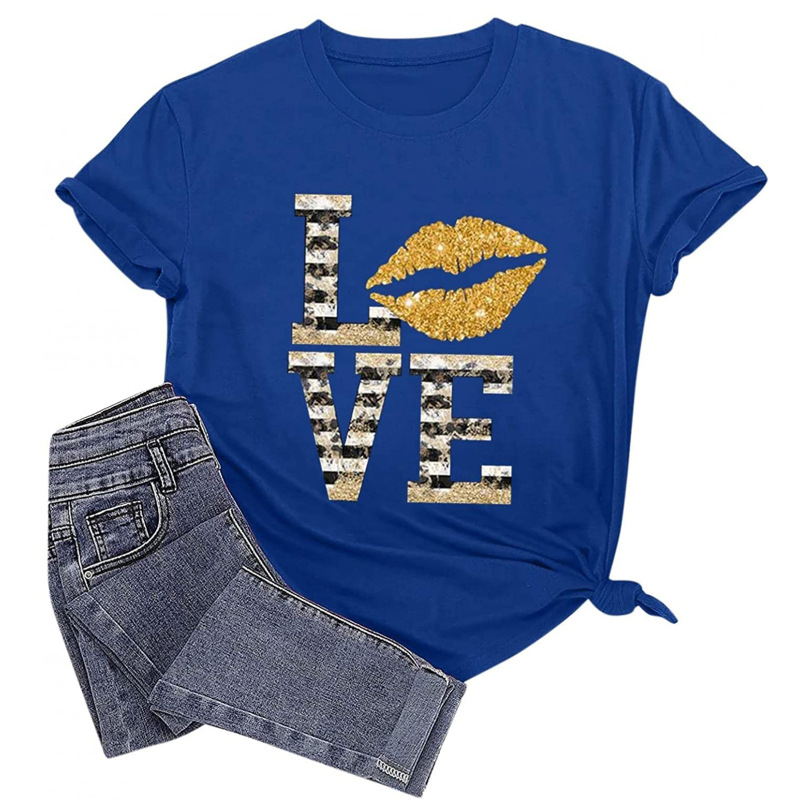 Women Fashion Lip LOVE Letter Print Round Neck Short Sleeve T-Shirt