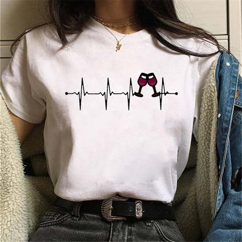 Women Fashion Wine Cup ECG Printed Round Neck Short Sleeve T-Shirt