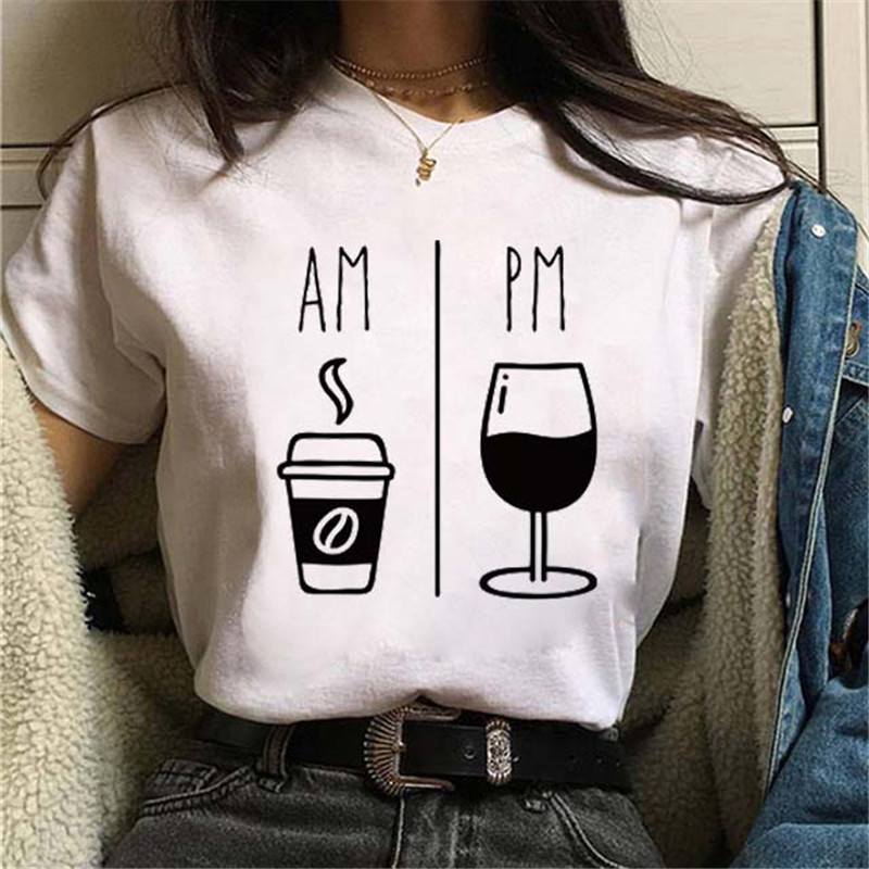 Women Fashion Wine Cup ECG Printed Round Neck Short Sleeve T-Shirt