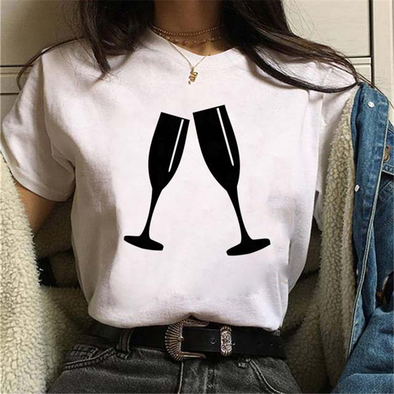 Women Fashion Wine Cup ECG Printed Round Neck Short Sleeve T-Shirt