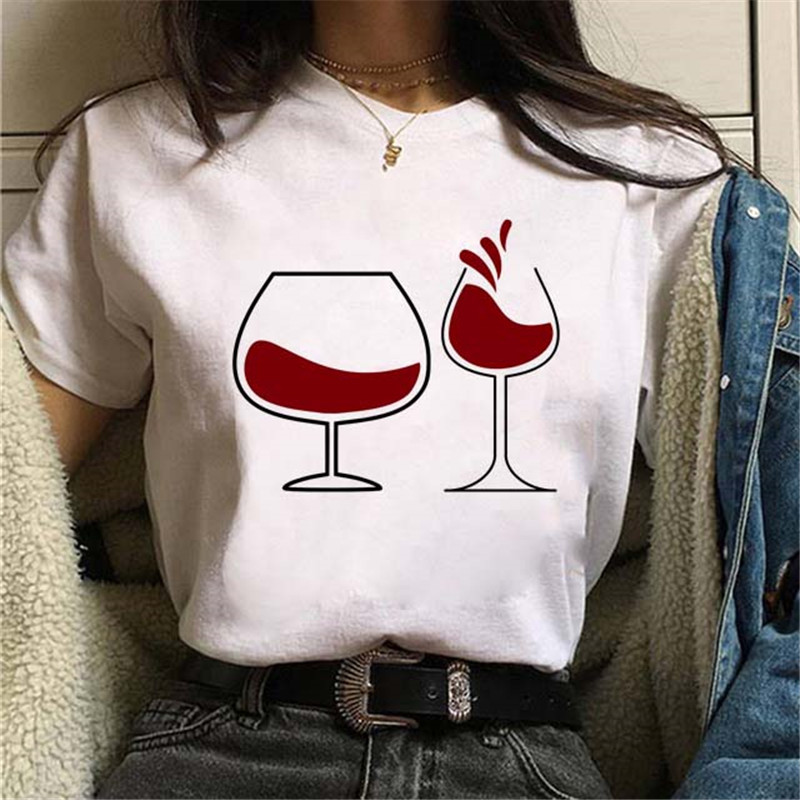 Women Fashion Wine Cup ECG Printed Round Neck Short Sleeve T-Shirt