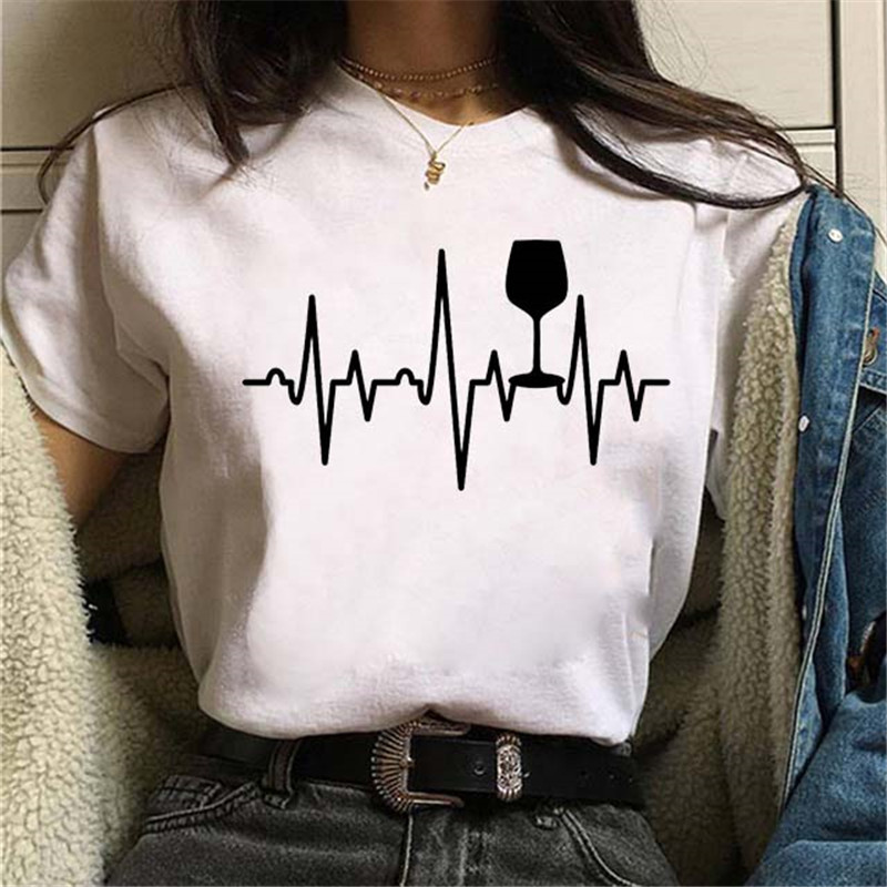 Women Fashion Wine Cup ECG Printed Round Neck Short Sleeve T-Shirt