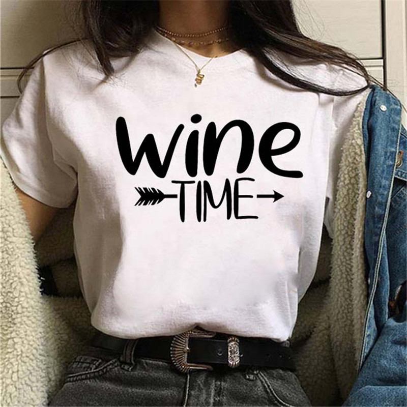 Women Fashion Wine Cup ECG Printed Round Neck Short Sleeve T-Shirt