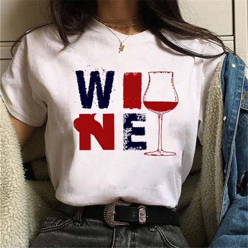 Women Fashion Wine Cup ECG Printed Round Neck Short Sleeve T-Shirt