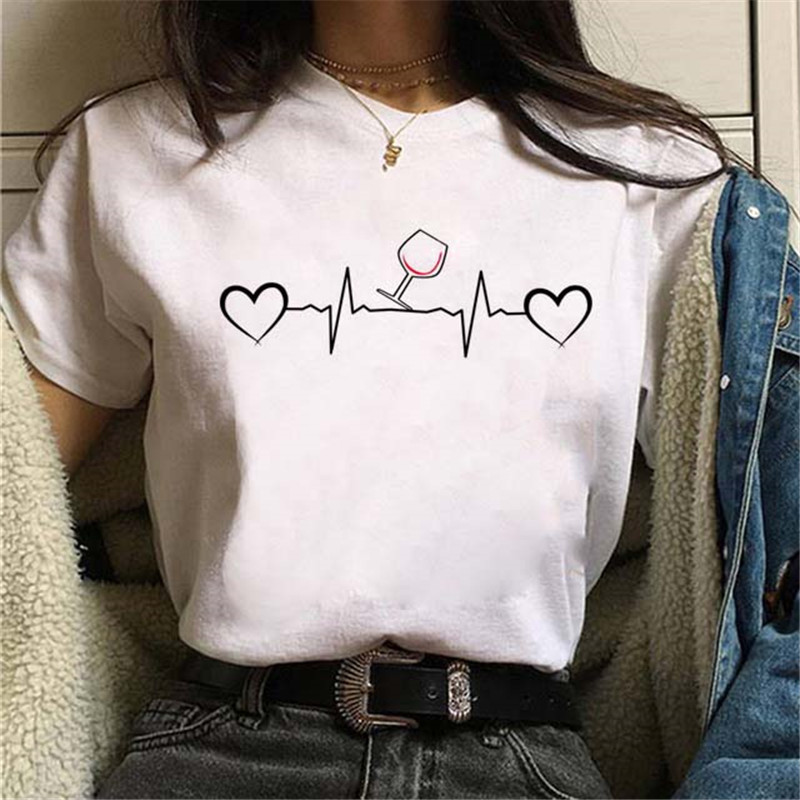 Women Fashion Wine Cup ECG Printed Round Neck Short Sleeve T-Shirt