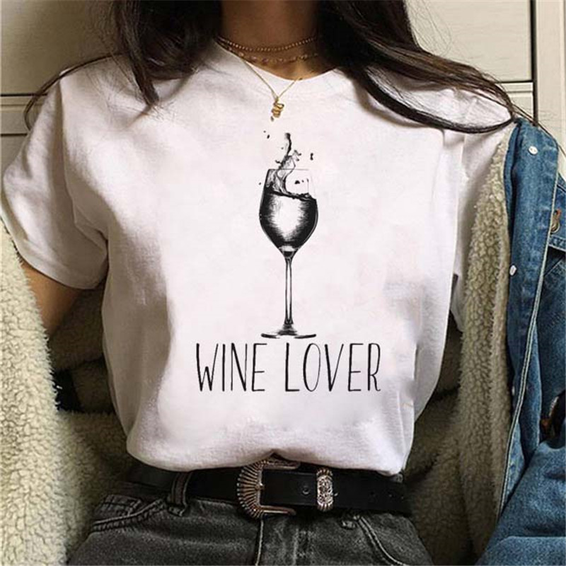 Women Fashion Wine Cup ECG Printed Round Neck Short Sleeve T-Shirt