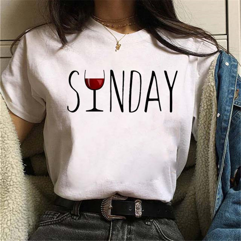 Women Fashion Wine Cup ECG Printed Round Neck Short Sleeve T-Shirt