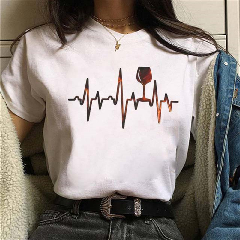 Women Fashion Wine Cup ECG Printed Round Neck Short Sleeve T-Shirt