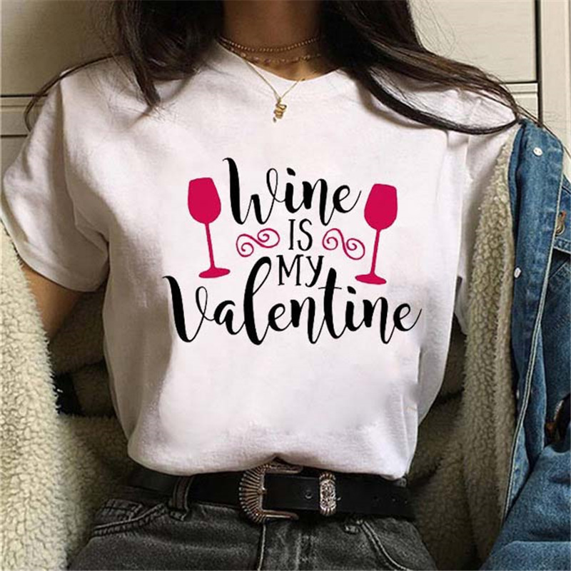 Women Fashion Wine Cup ECG Printed Round Neck Short Sleeve T-Shirt