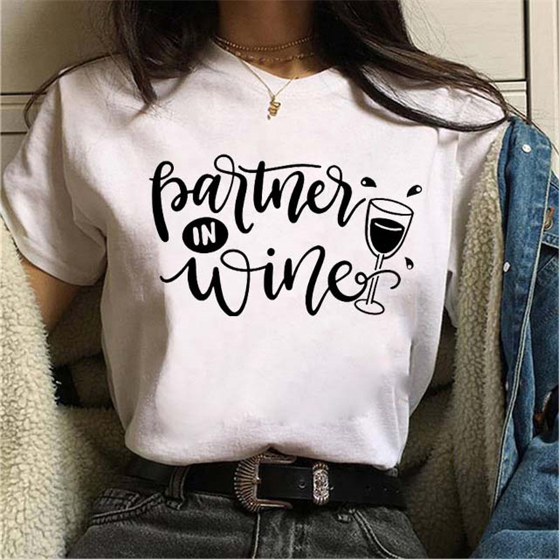 Women Fashion Wine Cup ECG Printed Round Neck Short Sleeve T-Shirt