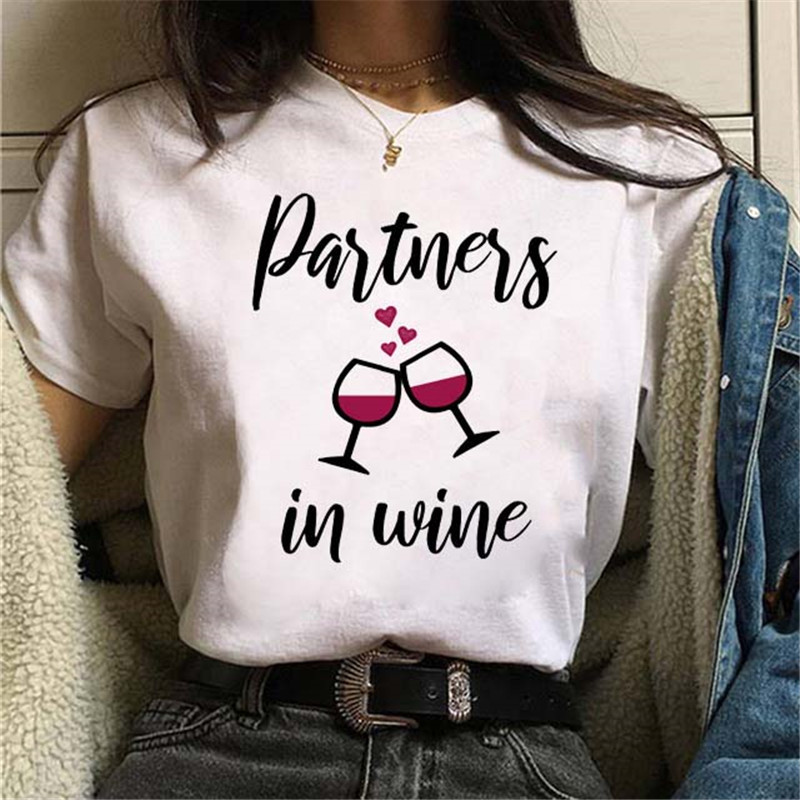 Women Fashion Wine Cup ECG Printed Round Neck Short Sleeve T-Shirt