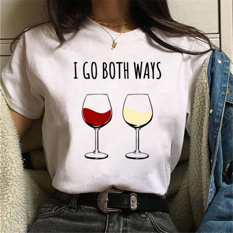 Women Fashion Wine Cup ECG Printed Round Neck Short Sleeve T-Shirt