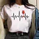 Women Fashion Wine Cup ECG Printed Round Neck Short Sleeve T-Shirt