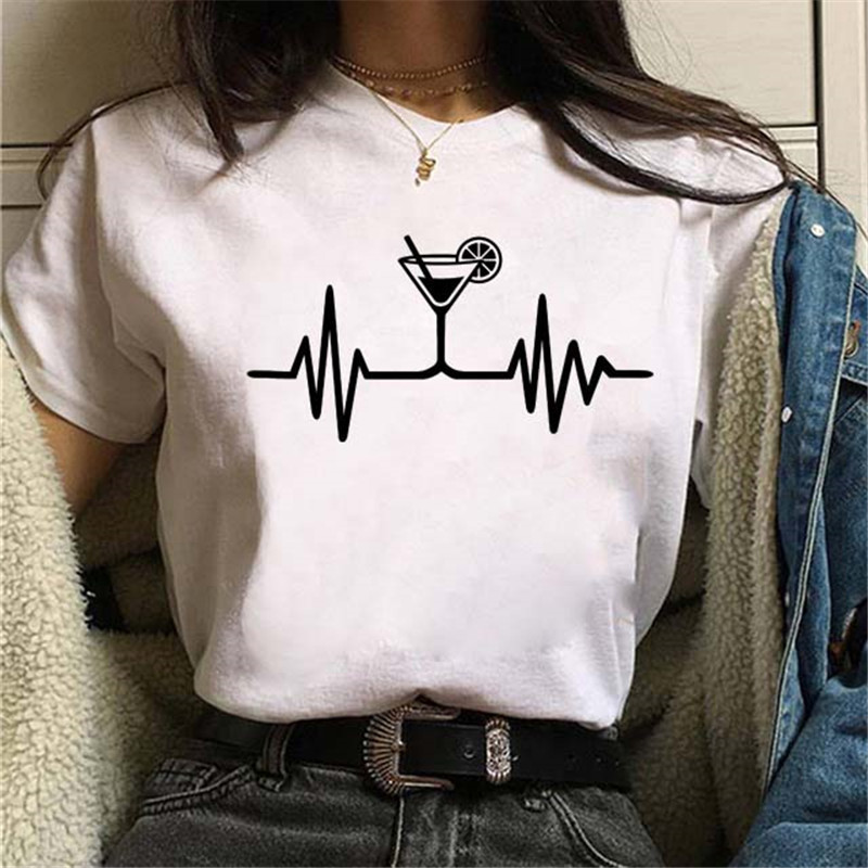 Women Fashion Wine Cup ECG Printed Round Neck Short Sleeve T-Shirt