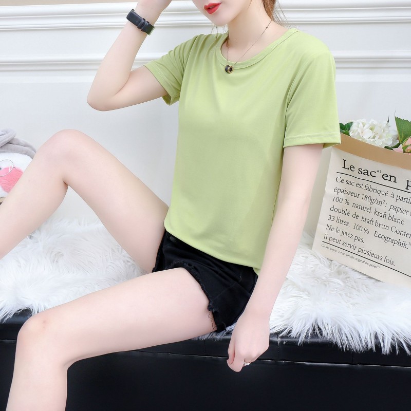 Women Simple Solid Color Loose Short-Sleeved Blank T-Shirt