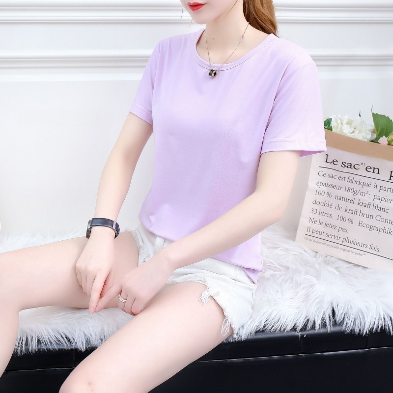 Women Simple Solid Color Loose Short-Sleeved Blank T-Shirt