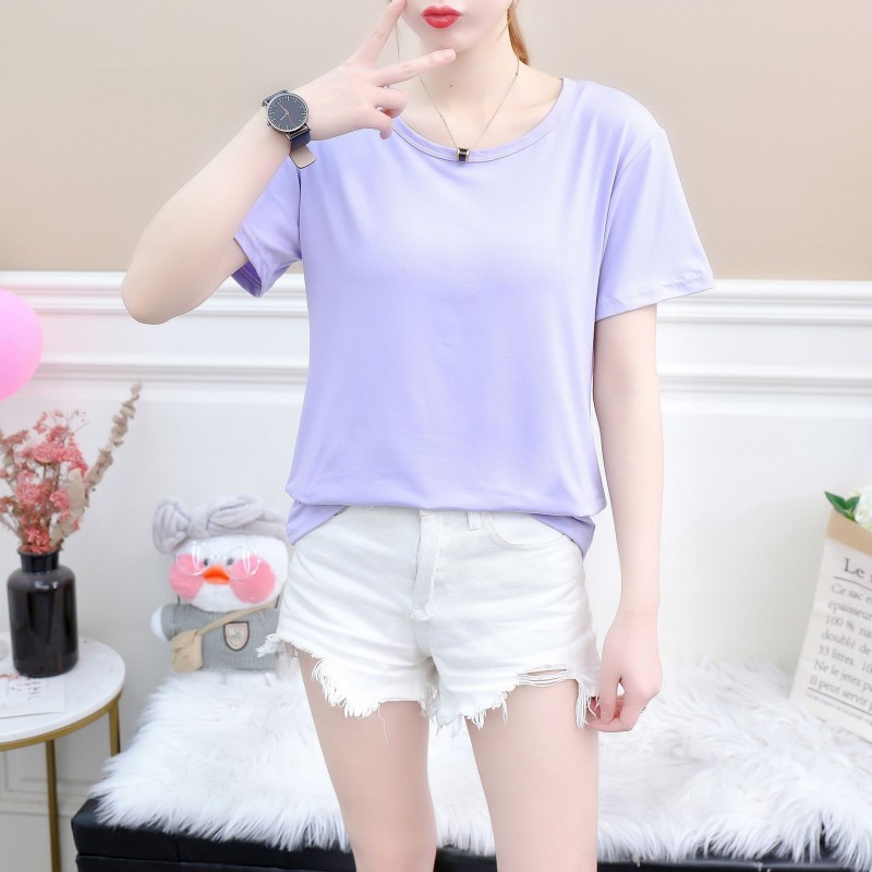 Women Simple Solid Color Loose Short-Sleeved Blank T-Shirt