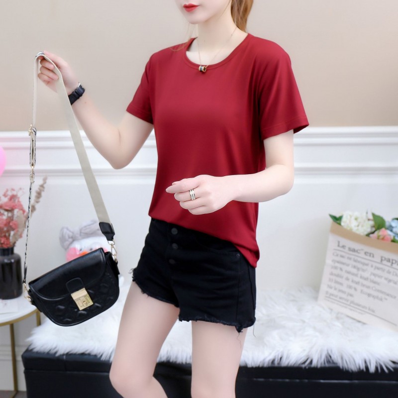 Women Simple Solid Color Loose Short-Sleeved Blank T-Shirt