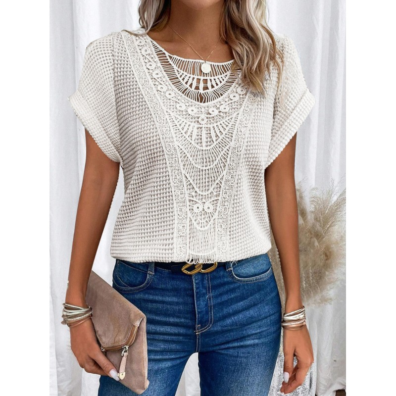 Spring And Summer Solid Color Lace Stitching Short Sleeve Women Casual Blouse