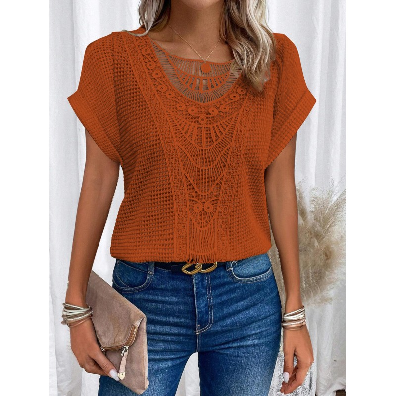 Spring And Summer Solid Color Lace Stitching Short Sleeve Women Casual Blouse