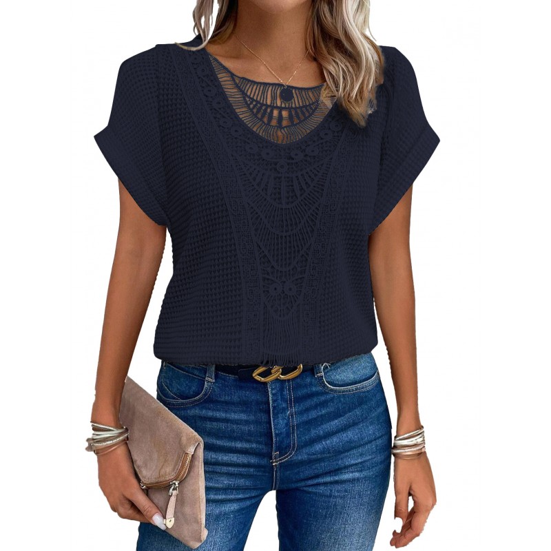 Spring And Summer Solid Color Lace Stitching Short Sleeve Women Casual Blouse