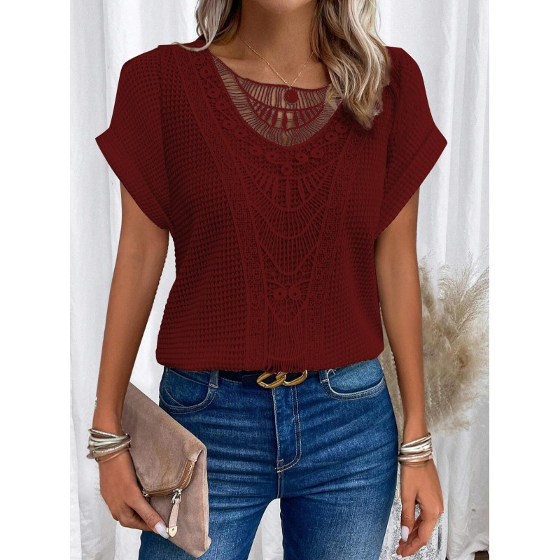 Spring And Summer Solid Color Lace Stitching Short Sleeve Women Casual Blouse