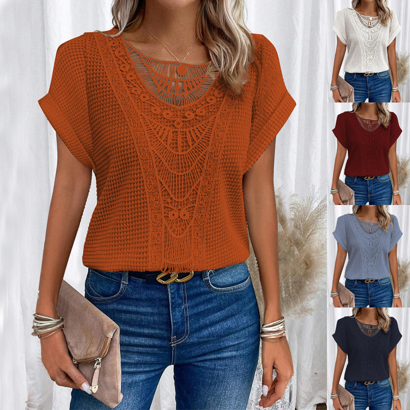 Spring And Summer Solid Color Lace Stitching Short Sleeve Women Casual Blouse