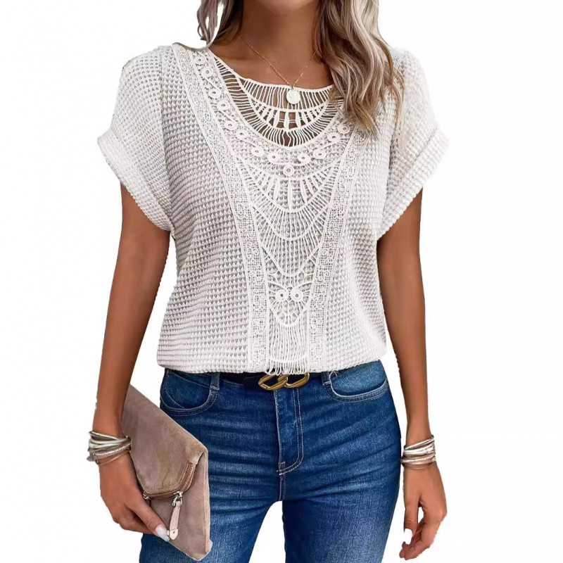 Spring And Summer Solid Color Lace Stitching Short Sleeve Women Casual Blouse