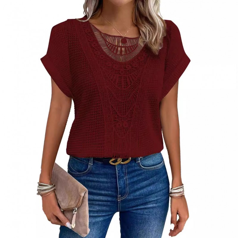 Spring And Summer Solid Color Lace Stitching Short Sleeve Women Casual Blouse