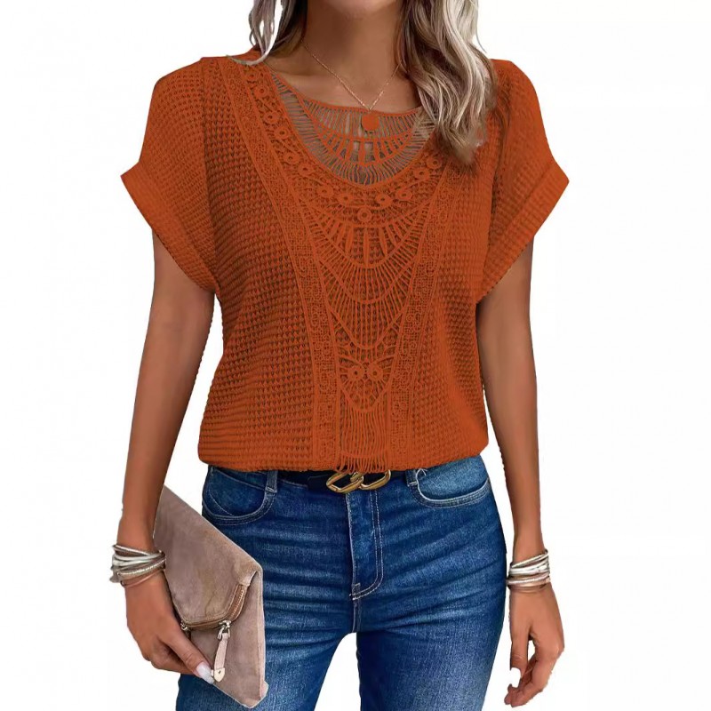 Spring And Summer Solid Color Lace Stitching Short Sleeve Women Casual Blouse