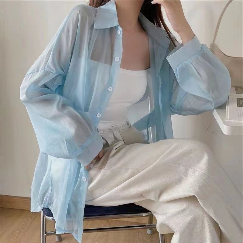 Summer Women Casual Pearlescent Shirt Long Sleeve Shirt