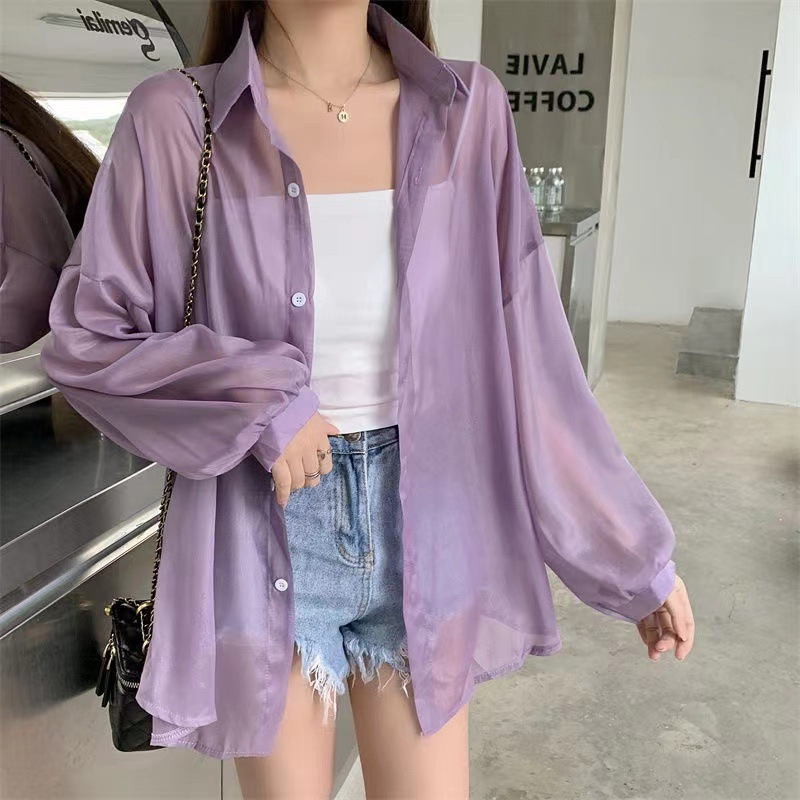 Summer Women Casual Pearlescent Shirt Long Sleeve Shirt