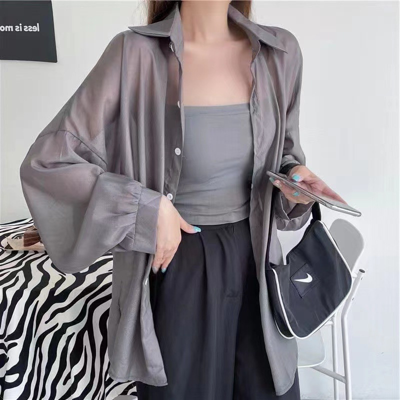 Summer Women Casual Pearlescent Shirt Long Sleeve Shirt