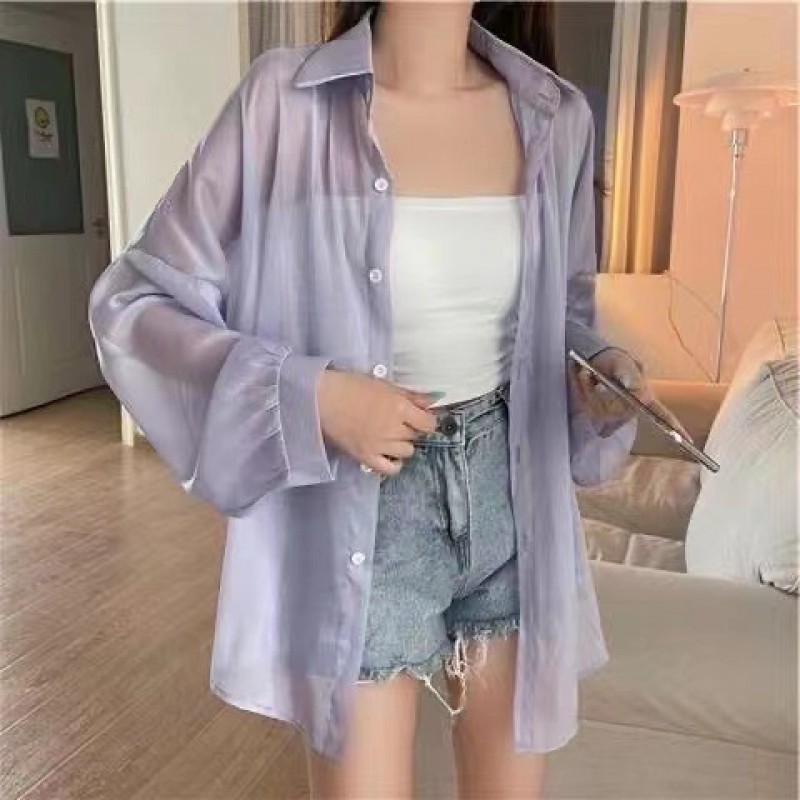 Summer Women Casual Pearlescent Shirt Long Sleeve Shirt