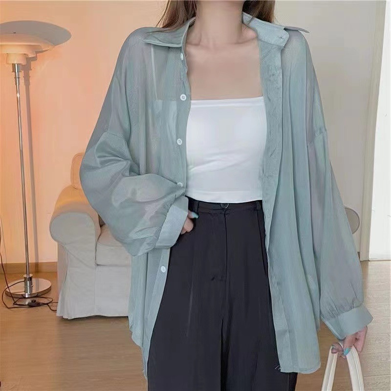 Summer Women Casual Pearlescent Shirt Long Sleeve Shirt